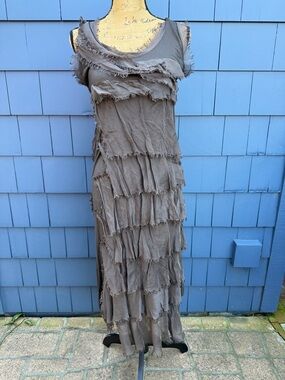 Dance in Paris by Carmen M Boho Tiered Fringe Maxi Dress - Taupe silk